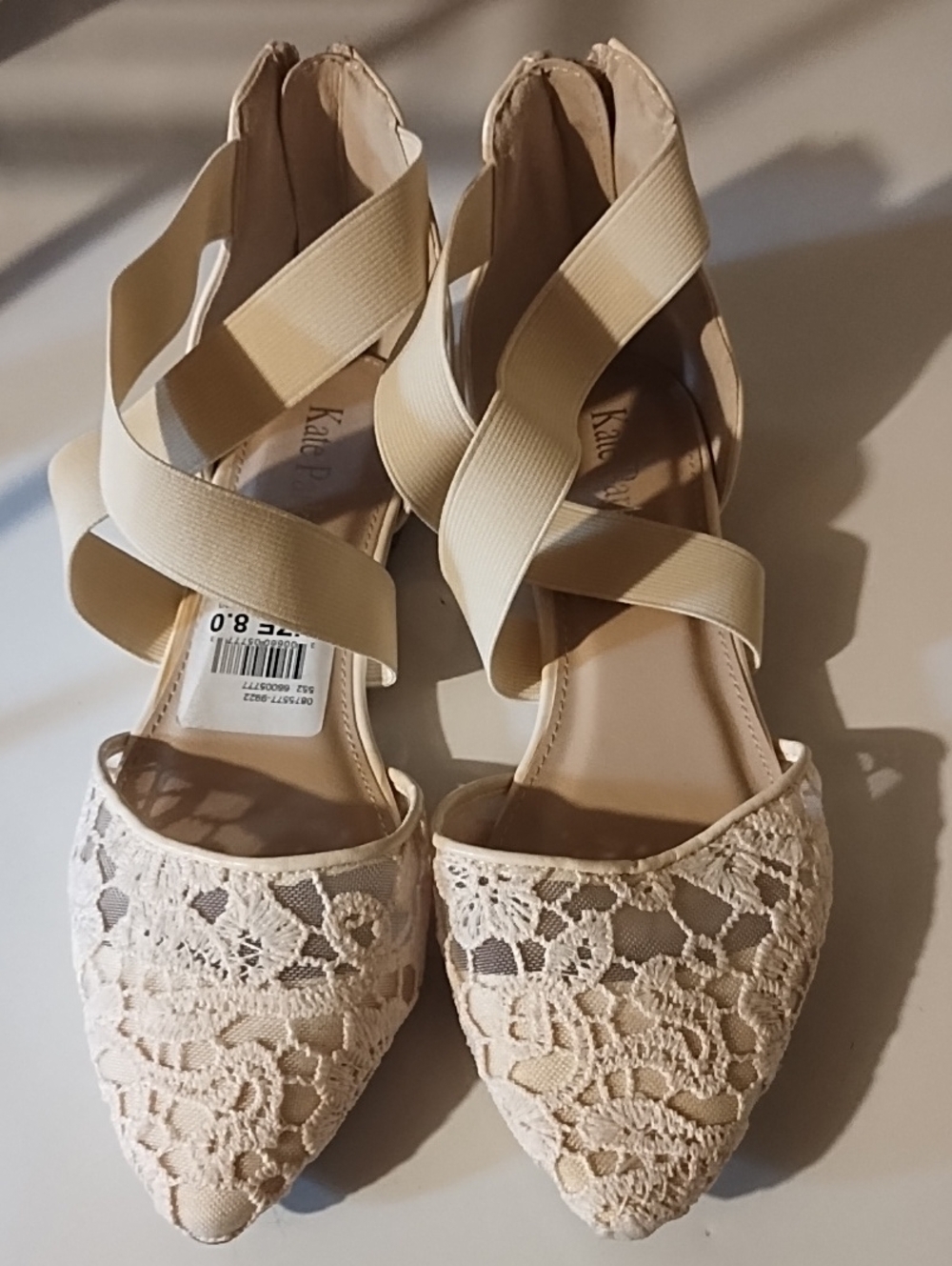 kate Park NWT Cream Lace Pointed-Toe Ankle Wrap Flats Size 8.